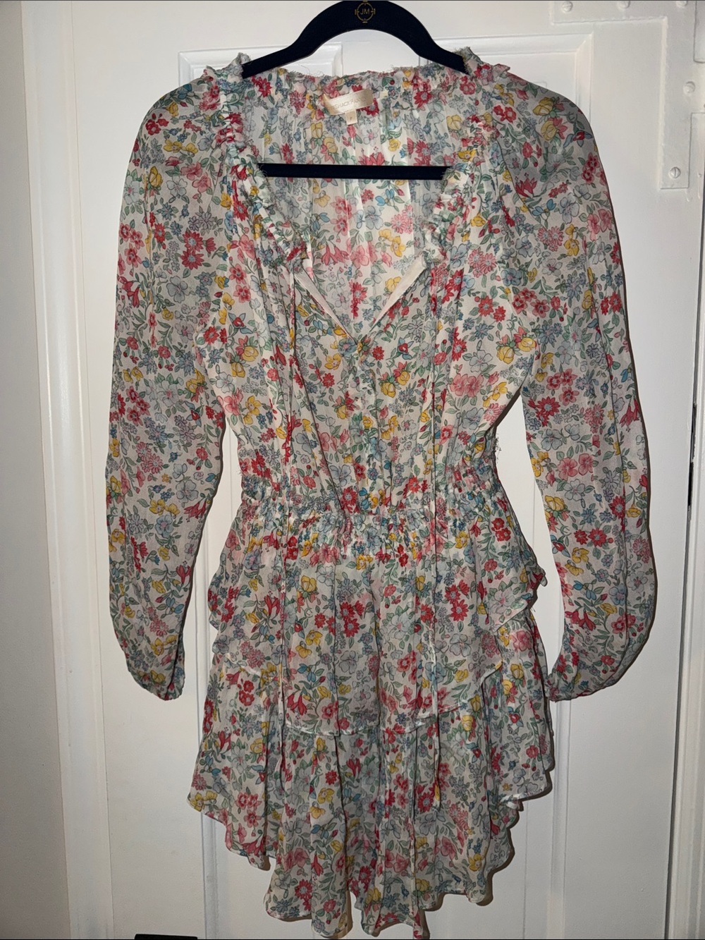 LoveShackFancy White Floral Ruffle V-Neck Tunic with Red, Yellow & Pink Accents